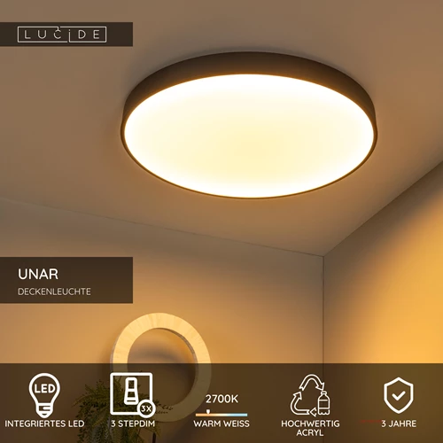 Lucide UNAR - Deckenleuchte - Ø 60 cm - LED 3 StepDim - 1x60W 2700K - Schwarz - USP